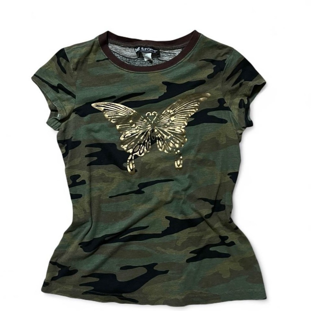 Self Esteem Camo Short-Sleeve Tee with Gold Butterfly Graphic
